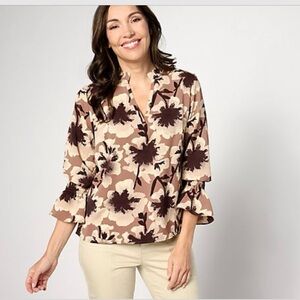 Studio Park x Leah Williams Bold Floral Printed Blouse Medium Brown Tan